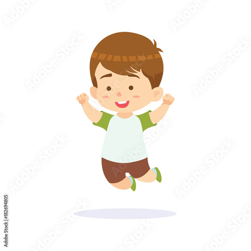 Funny cartoon character. Little boy jumping with white background