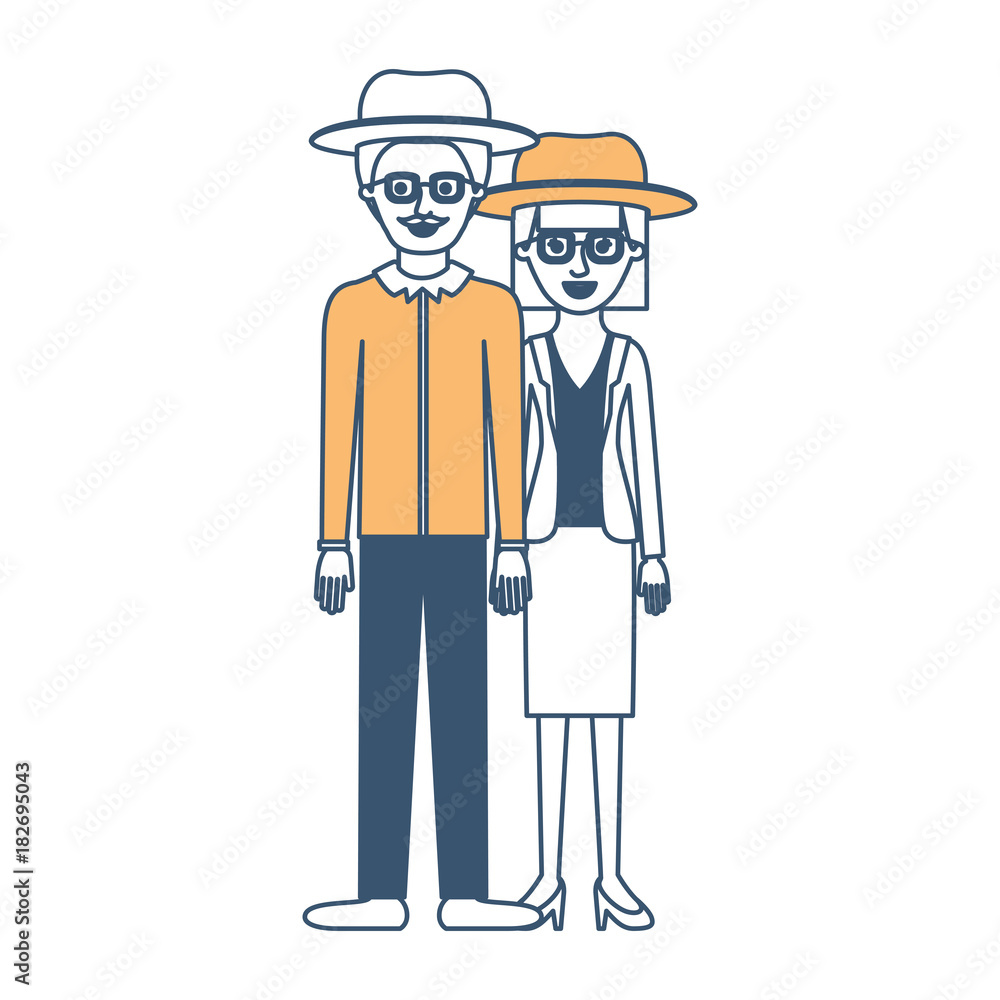 couple in color sections silhouette and both with hat and glasses and him with moustache and shirt and pants and shoes and her with blouse and jacket and skirt and heel shoes with mushroom hairstyle couple in color sections silhouette and both with hat and glasses and him with moustache and shirt and pants and shoes and her with blouse and jacket and skirt and heel shoes with mushroom hairstyle