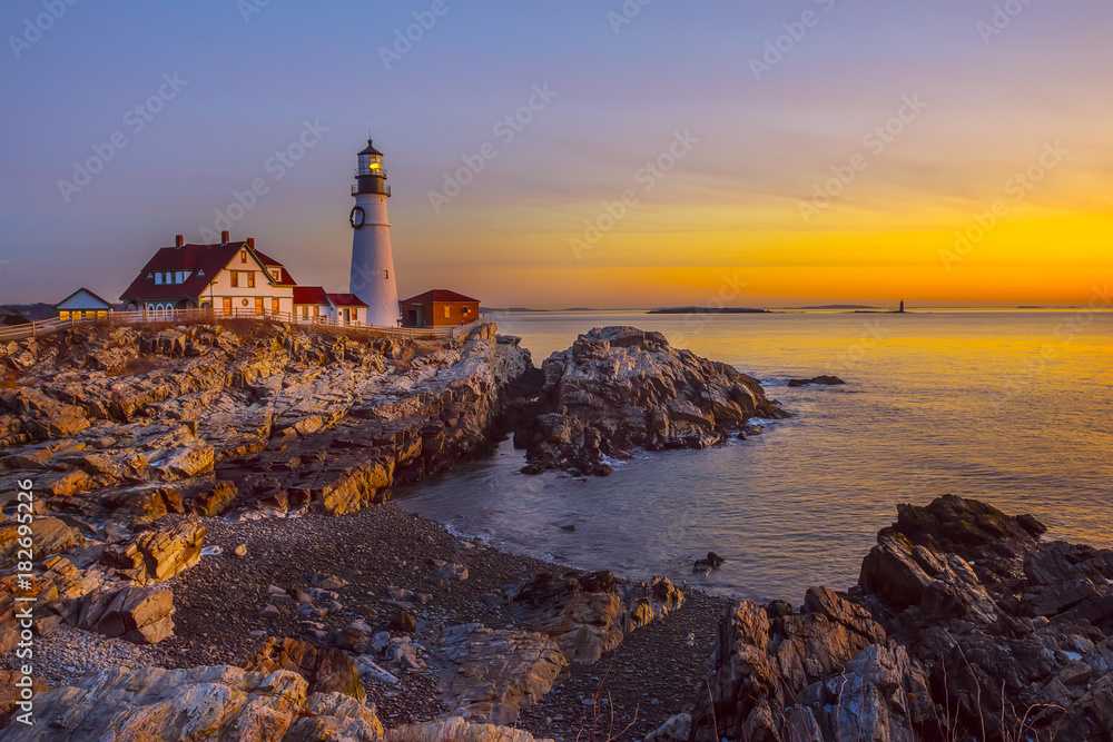 Dawn on the Atlantic coast. The oldest lighthouse in Maine. Beautiful sea sunrise landscape.
