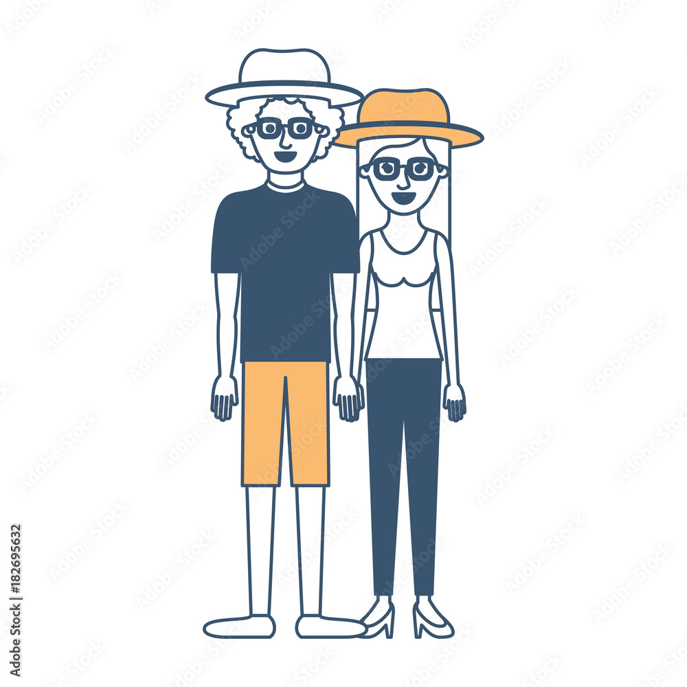 couple in color sections silhouette and both with hat and glasses and him with shirt and short pants and shoes and curly hair and her with blouse and pants and heel shoes with long straight hair couple in color sections silhouette and both with hat and glasses and him with shirt and short pants and shoes and curly hair and her with blouse and pants and heel shoes with long straight hair