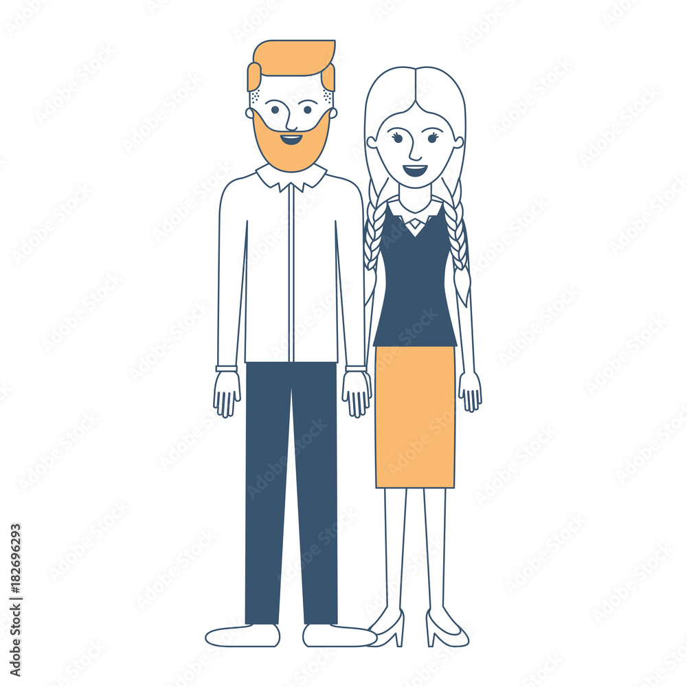couple in color sections silhouette and him with beard and shirt and pants and shoes with side parted hairstyle and her with blouse and skirt and heel shoes with braided hair vector illustration couple in color sections silhouette and him with beard and shirt and pants and shoes with side parted hairstyle and her with blouse and skirt and heel shoes with braided hair vector illustration