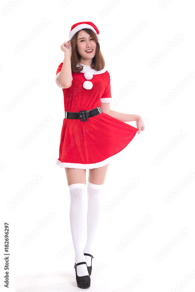 happy woman wearing santa claus dress on white background happy woman wearing santa claus dress on white background