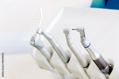 Dentist workplace in clinic. Various modern dentist equipment tools for treatment teeth