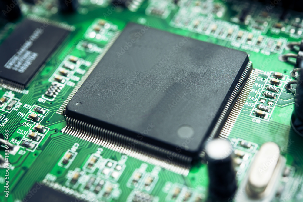 Closeup of electronic circuit board with processor