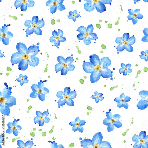 Seamless pattern with blue flowers Forget-Me-Not, Watercolor floral background
