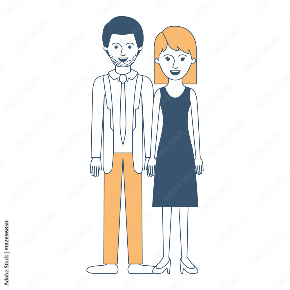 couple in color sections silhouette and him with suit and tie and pants and shoes with short hair and stubble beard and her with dress and heel shoes with mid length hair vector illustration couple in color sections silhouette and him with suit and tie and pants and shoes with short hair and stubble beard and her with dress and heel shoes with mid length hair vector illustration