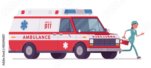 Female nurse at ambulance car