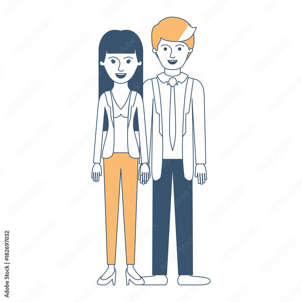 couple in color sections silhouette and her with blouse and jacket and pants and heel shoes with straight long hair and him with suit and tie and pants and shoes with short hair vector illustration couple in color sections silhouette and her with blouse and jacket and pants and heel shoes with straight long hair and him with suit and tie and pants and shoes with short hair vector illustration