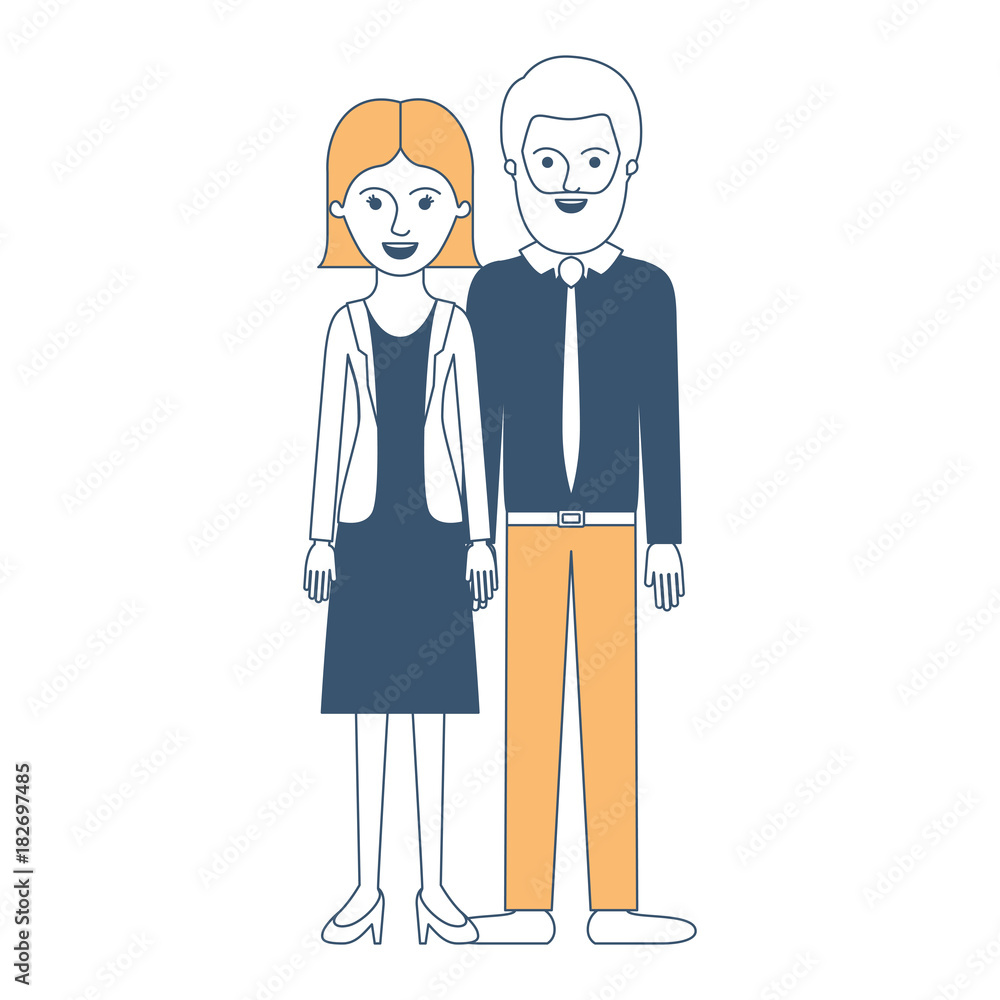 couple in color sections silhouette and her with blouse and jacket and skirt and heel shoes with short straight hairstyle and him with shirt and tie and pants and shoes with short hair and bearded couple in color sections silhouette and her with blouse and jacket and skirt and heel shoes with short straight hairstyle and him with shirt and tie and pants and shoes with short hair and bearded