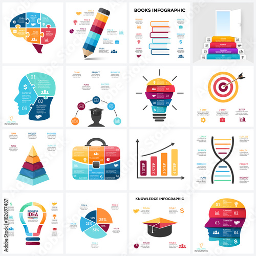 Vector education brain infographic. Template human mind diagram, knowledge graph, creative idea presentation, science chart. Business books literature. Options, parts, steps. Puzzle, light bulb, DNA