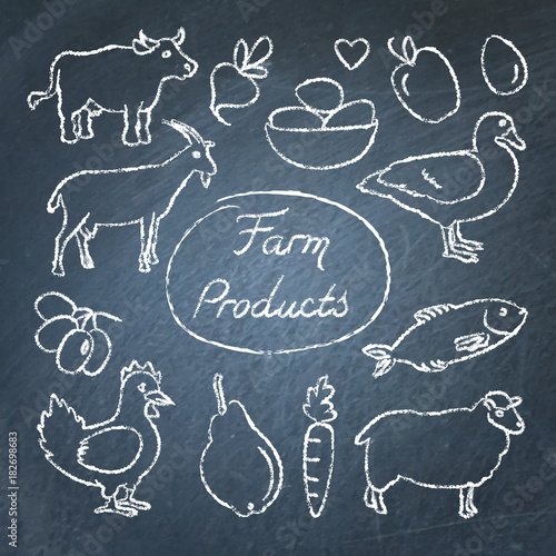 Set of farm food icons in sketch style on chalkboard