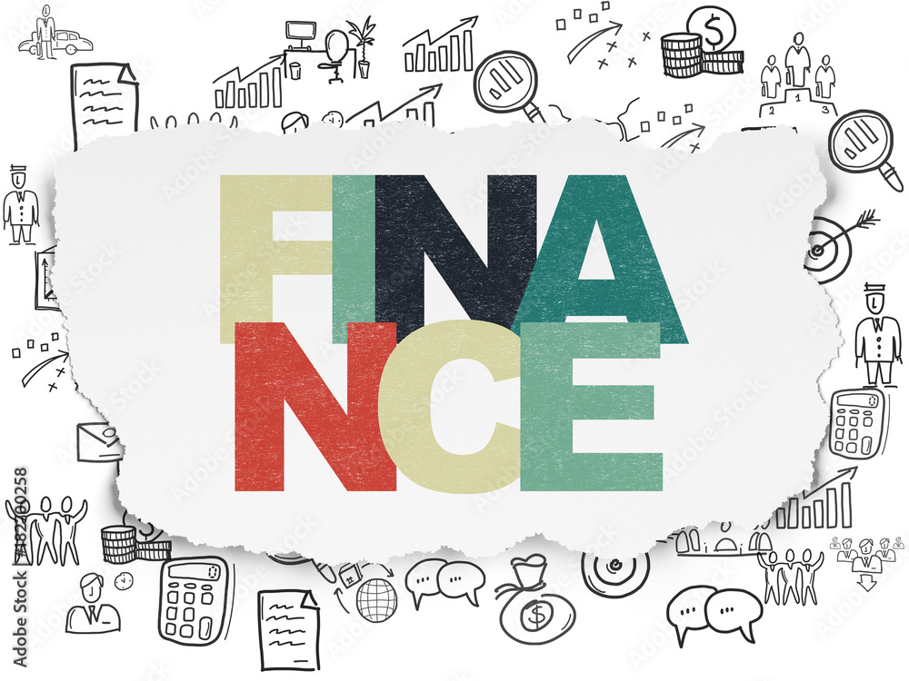 Business concept: Painted multicolor text Finance on Torn Paper background with  Hand Drawn Business Icons