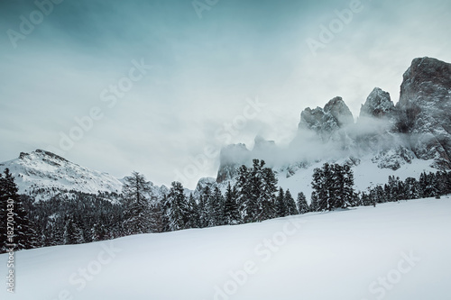 Winterly morning in the area of the Villnoesser Geisler, Gruppo delle Odle, Dolomites, Unesco world heritage, Italy photo