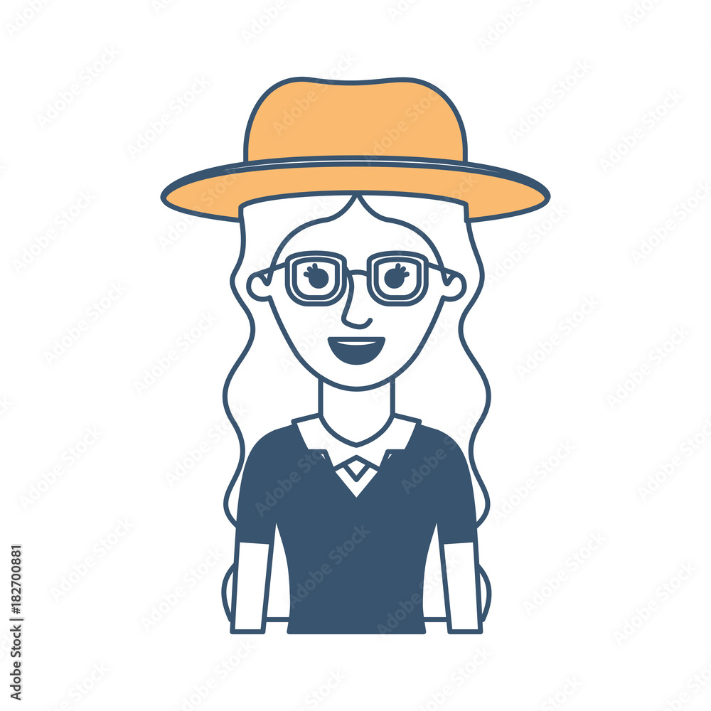 woman half body with hat and glasses and blouse with long wavy hair in color sections silhouette vector illustration