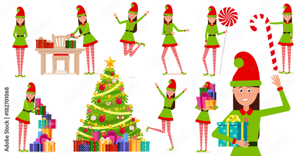 A cheerful girl in a gnome costume. A cartoon character in various poses.Set of vector, isolated objects.
