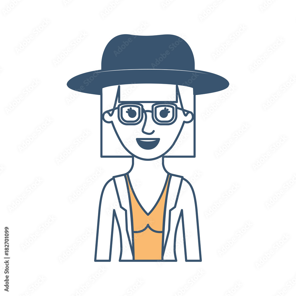 woman half body with hat and glasses and blouse with jacket with mushroom hairstyle in color sections silhouette vector illustration