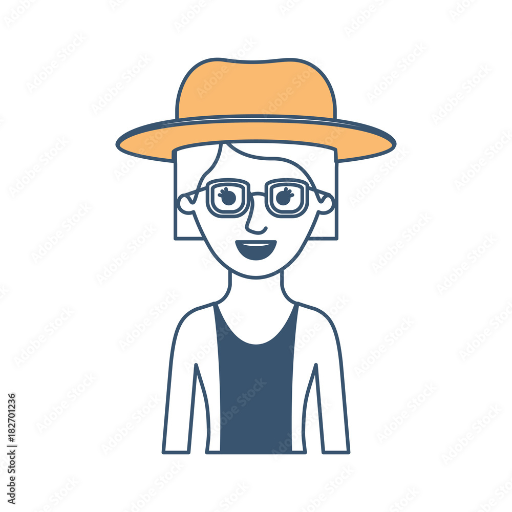 woman half body with hat and glasses and blouse with jacket and short hair in color sections silhouette vector illustration