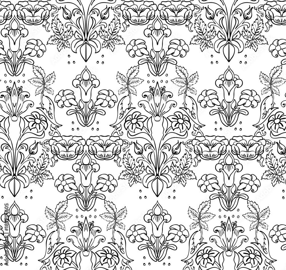 Floral seamless background pattern with fantasy flowers and leaves Line art. Embroidery flowers. Vector illustration.