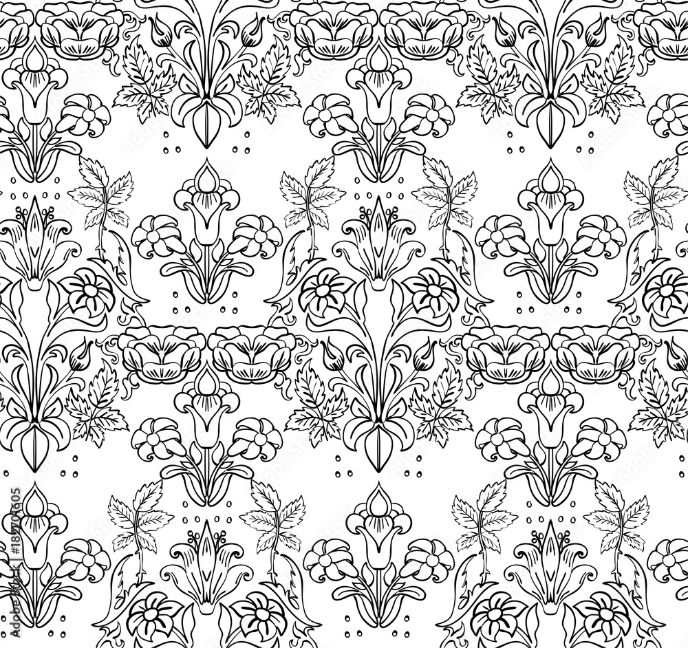 Floral seamless background pattern with fantasy flowers and leaves Line art. Embroidery flowers. Vector illustration. Floral seamless background pattern with fantasy flowers and leaves Line art. Embroidery flowers. Vector illustration.