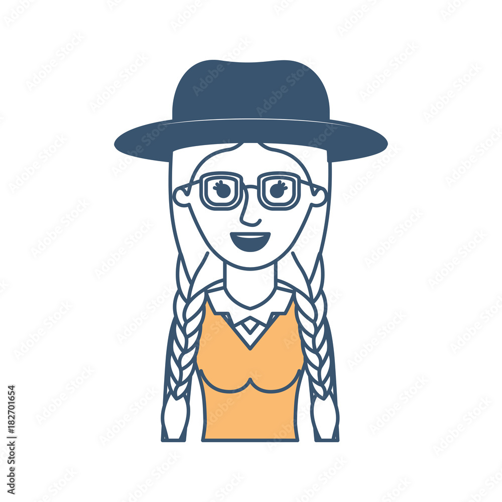 woman half body with hat and glasses and blouse with braided hair in color sections silhouette vector illustration