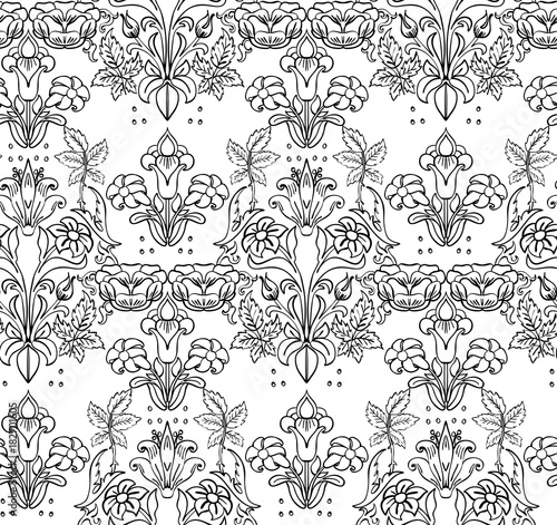 Floral seamless background pattern with fantasy flowers and leaves Line art. Embroidery flowers. Vector illustration.