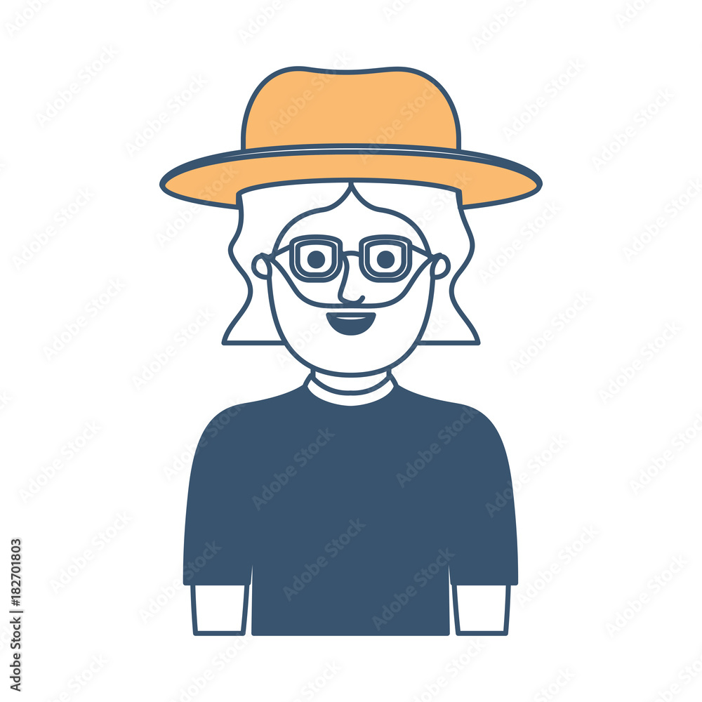 man half body with hat and glasses and t-shirt with mid length hair and beard in color sections silhouette vector illustration