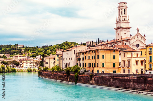VERONA, ITALY - June 25, 2017: Verona. Veneto region. City of Verona with river at sunny day. Italy.