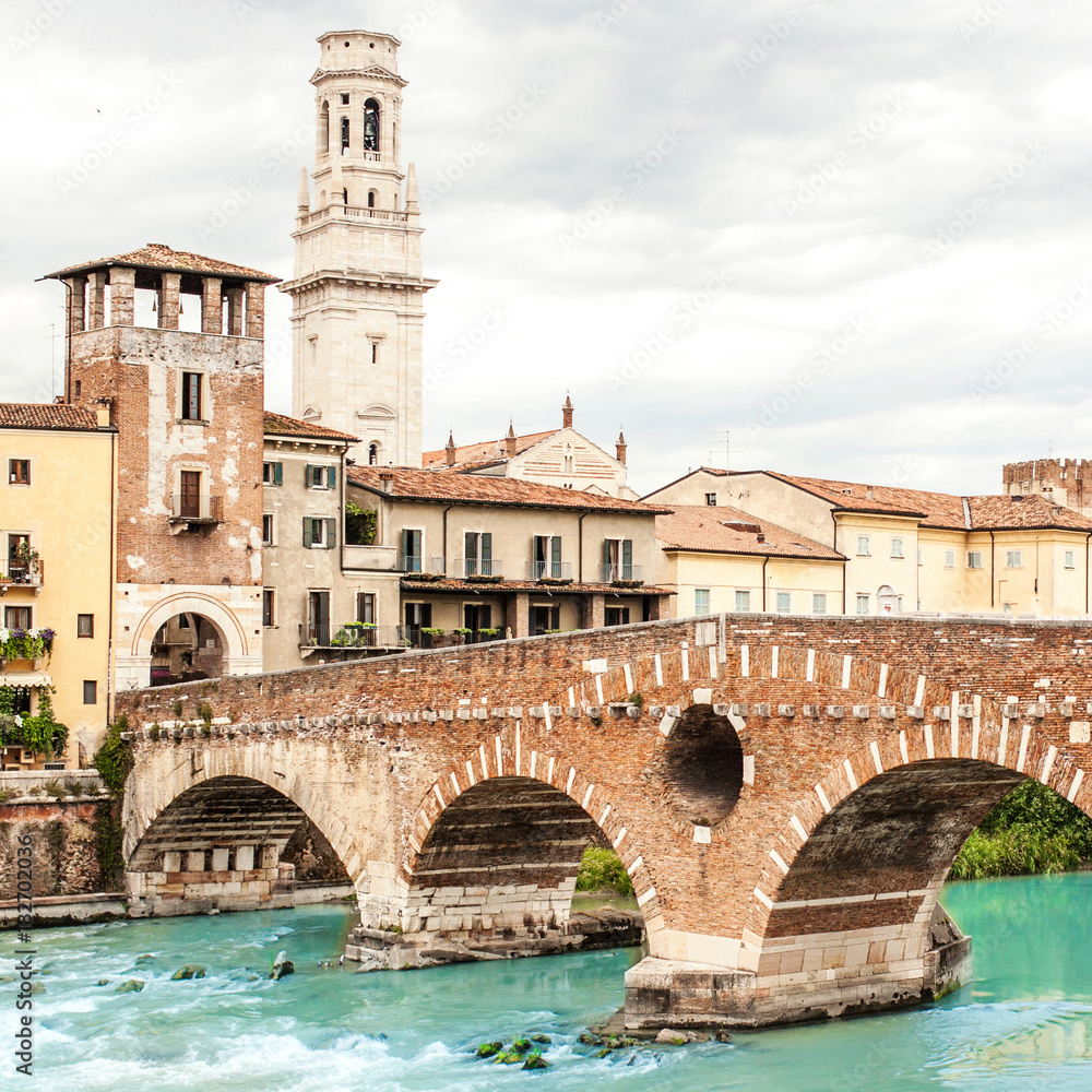 VERONA, ITALY - June 25, 2017:  Verona.  Bridge Ponte Pietra in Verona on Adige river.