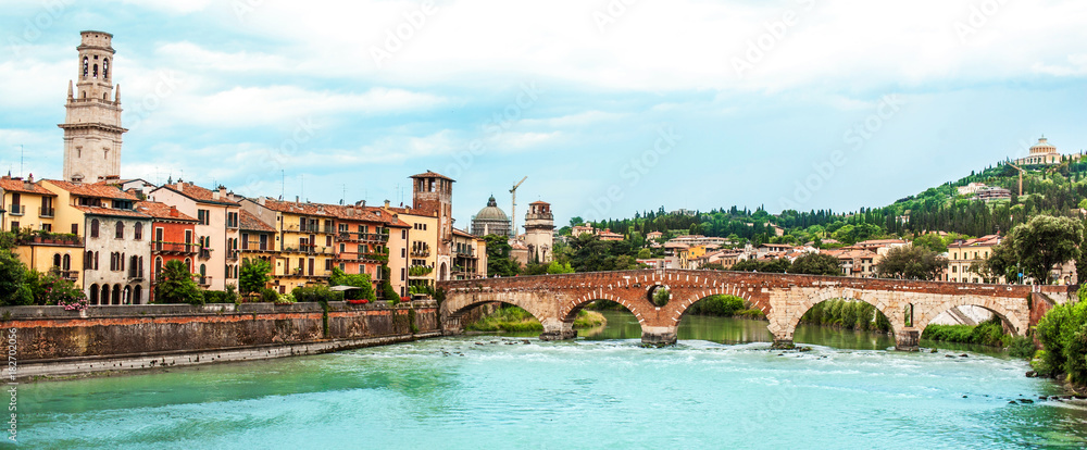 VERONA, ITALY - June 25, 2017: Verona. Veneto region.  Panoramic view Image of Verona with river at sunny day