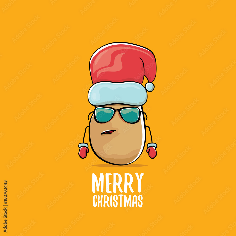 vector funky comic cartoon cute brown smiling santa claus potato with red santa hat and calligraphic merry christmas text isolated on orange background. vector funky christmas character vector funky comic cartoon cute brown smiling santa claus potato with red santa hat and calligraphic merry christmas text isolated on orange background. vector funky christmas character