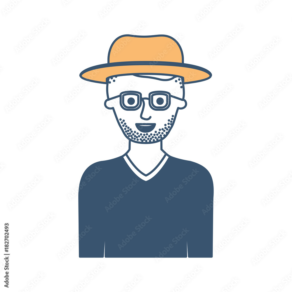 man half body with hat and glasses and sweater with short hair and stubble beard in color sections silhouette vector illustration