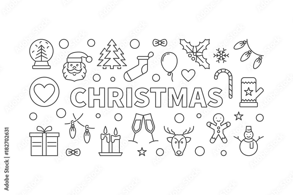 Christmas concept vector horizontal banner in thin line style