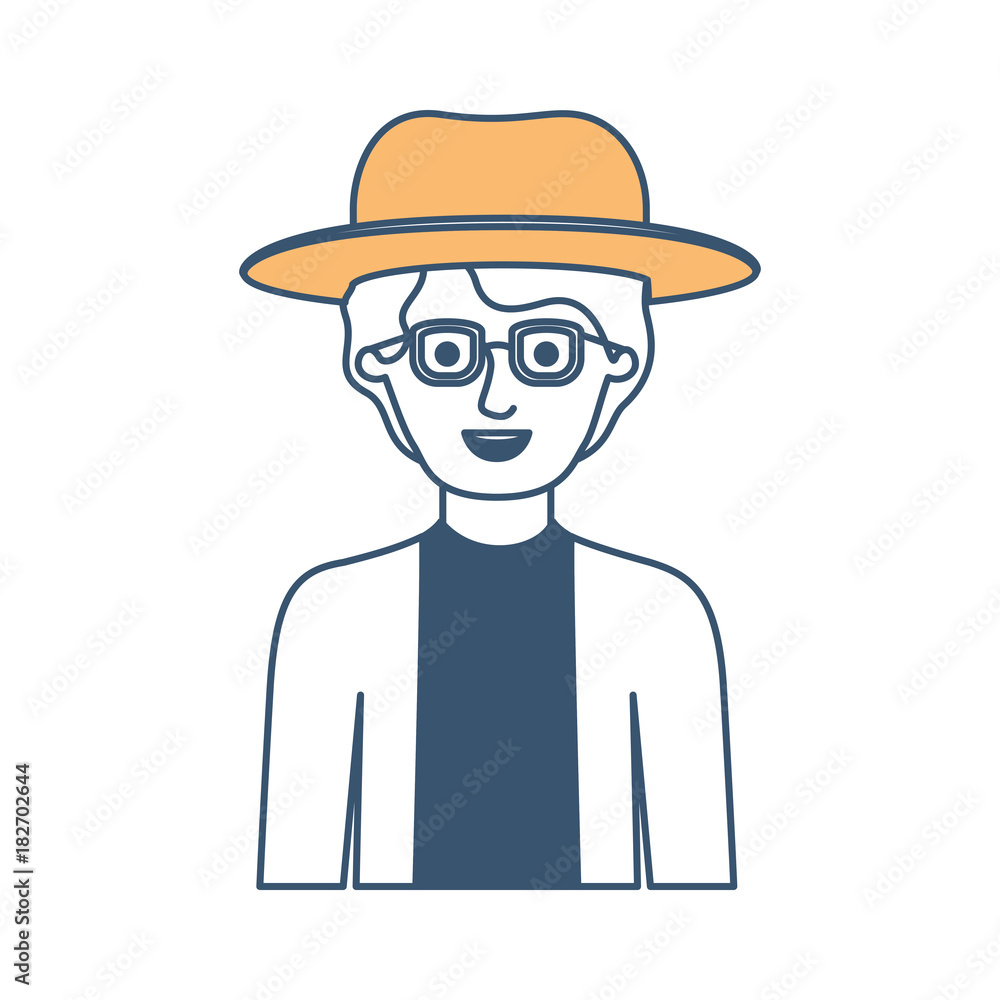 man half body with hat and glasses and shirt with jacket with short wavy hair in color sections silhouette vector illustration