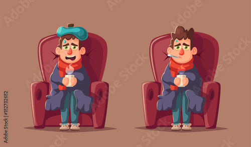 Sick man. Unhappy character. Vector cartoon illustration
