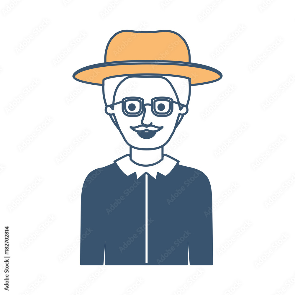man half body with hat and glasses and shirt with short hair and moustache in color sections silhouette vector illustration
