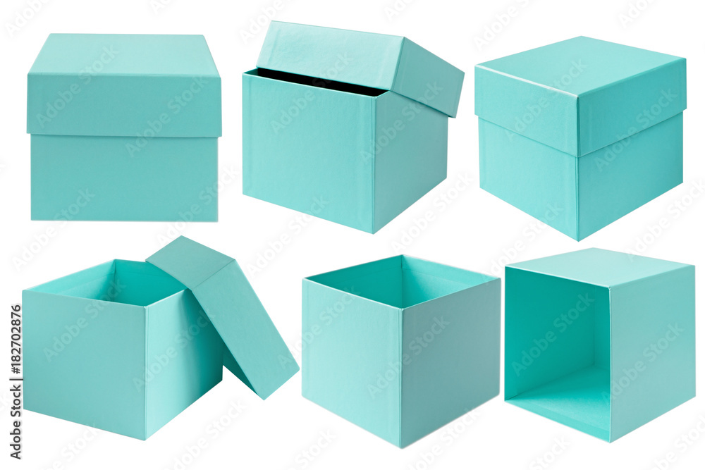 Cardboard box isolated on white. Blue boxes with lids in different positions. Beautiful Gift Box Cardboard box isolated on white. Blue boxes with lids in different positions. Beautiful Gift Box
