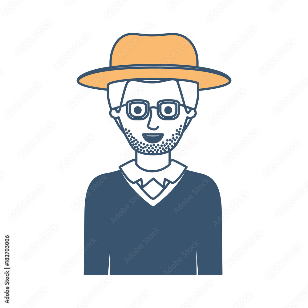man half body with hat and glasses and sweater with stubble beard in color sections silhouette vector illustration