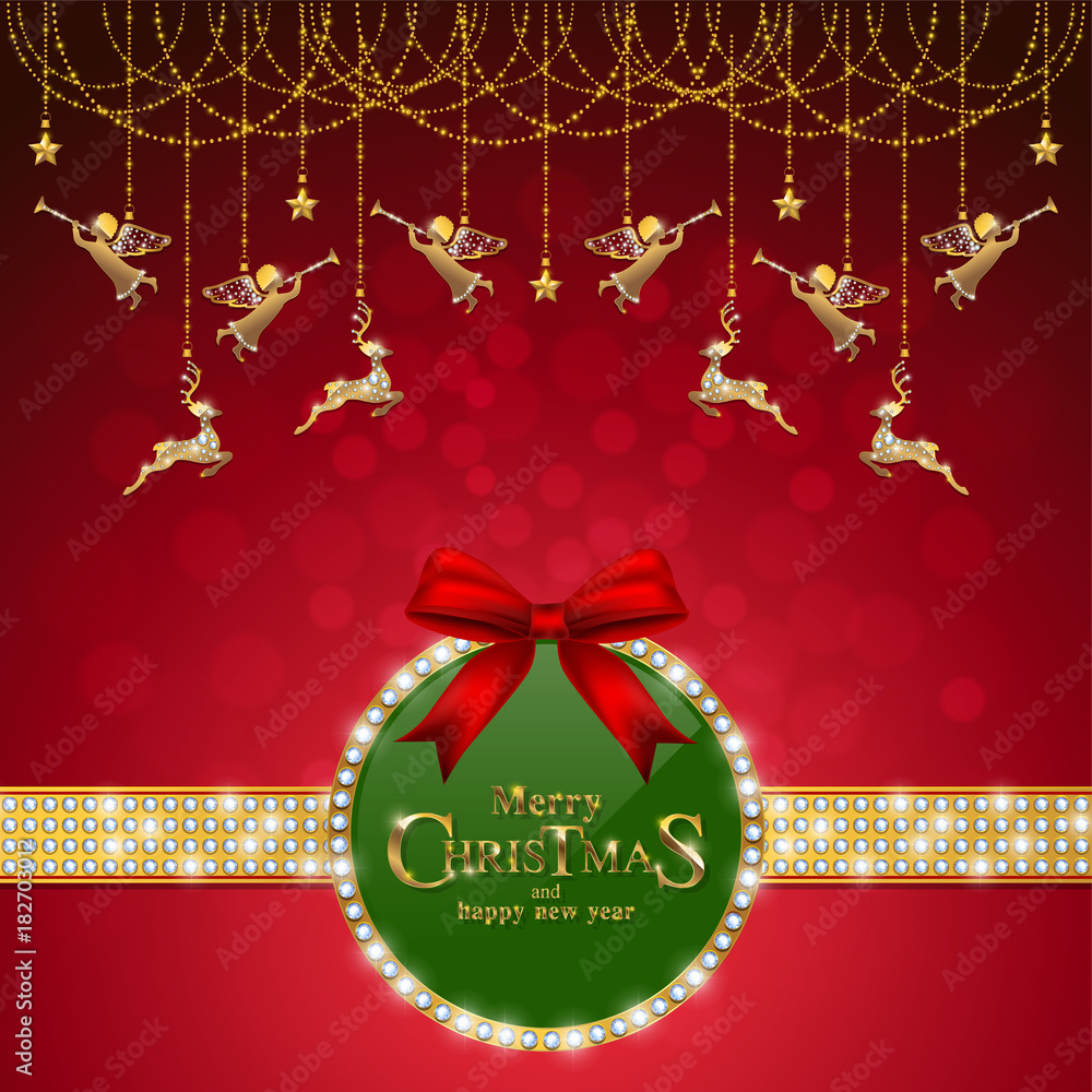 Christmas Greeting and New Years card templates with gold patterned and crystals on background color.