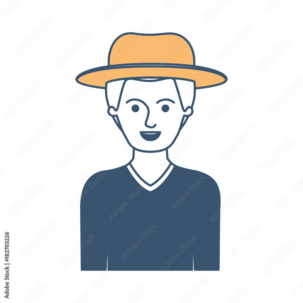 man half body with hat and sweater with short hair in color sections silhouette vector illustration