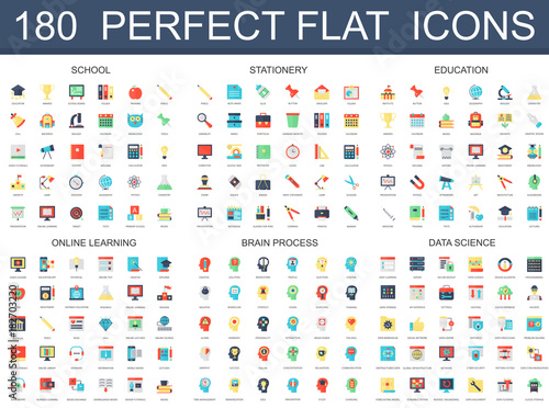 180 modern flat icons set of school, stationery, education, online learning, brain process, data science icons.