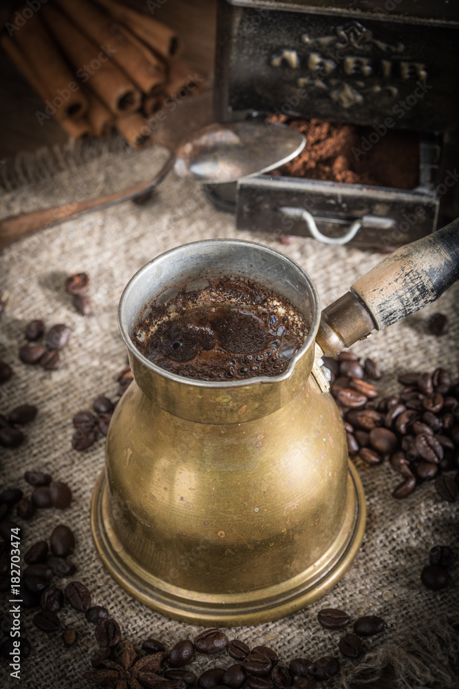 Turkish coffee in copper coffe pot Turkish coffee in copper coffe pot