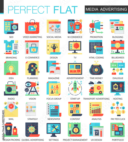 Media advertising vector complex flat icon concept symbols for web infographic design.