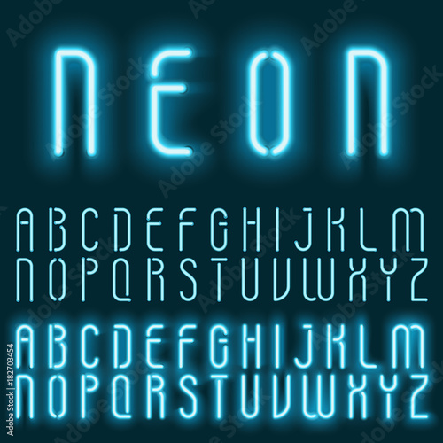Neon blue light alphabet vector font. Glowing text effect. Neon tube letters on the dark blue background.