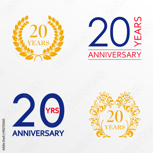 20 years anniversary set. Anniversary icon emblem or label collection. 20 years celebration and congratulation decoration element. Vector illustration.