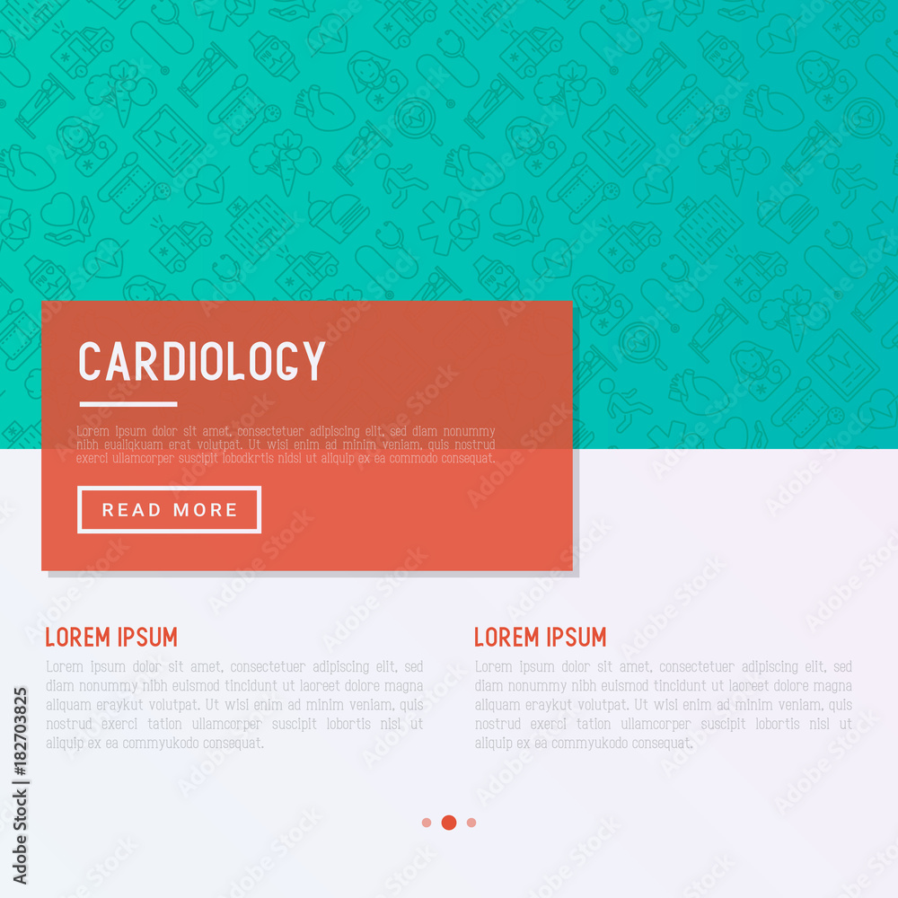 Fototapeta premium Cardiology concept with thin line icons set: cardiologist, stethoscope, hospital, pulsometer, cardiogram, heartbeat. Modern vector illustration for banner, web page, print media.