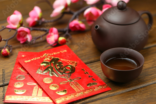 chinese new year red packet, the chinese text translation is happiness and goodluck