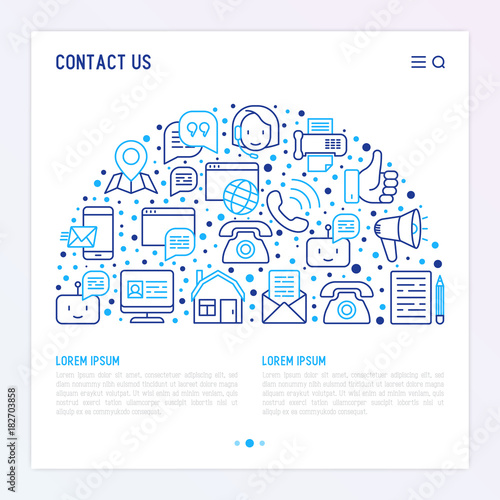 Contact us concept in half circle with thin line icons of telephone, fax, operator call center, e-mail, chat bot, pointer, feedback. Modern vector illustration for banner, web page, print media.