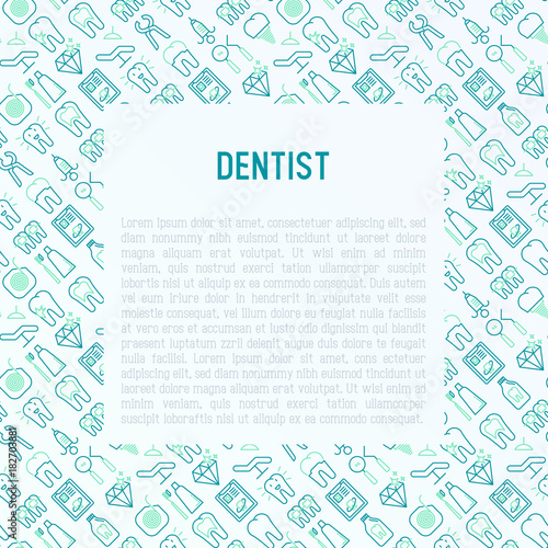 Dentist concept with thin line icons of tooth, implant, dental floss, crown, toothpaste, medical equipment. Modern vector illustration for banner, web page, print media.