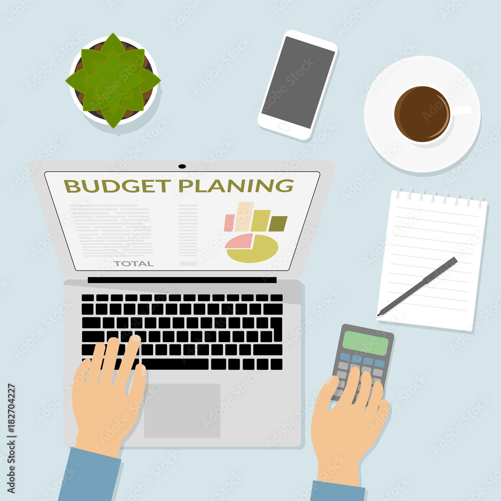 Hand on computer keyboard, calculates on calculator. Schedule, calculator, pencil, notebook desktop. Top view flat design, vector. Budget planning, financial report, cost accounting, spending. Hand on computer keyboard, calculates on calculator. Schedule, calculator, pencil, notebook desktop. Top view flat design, vector. Budget planning, financial report, cost accounting, spending.