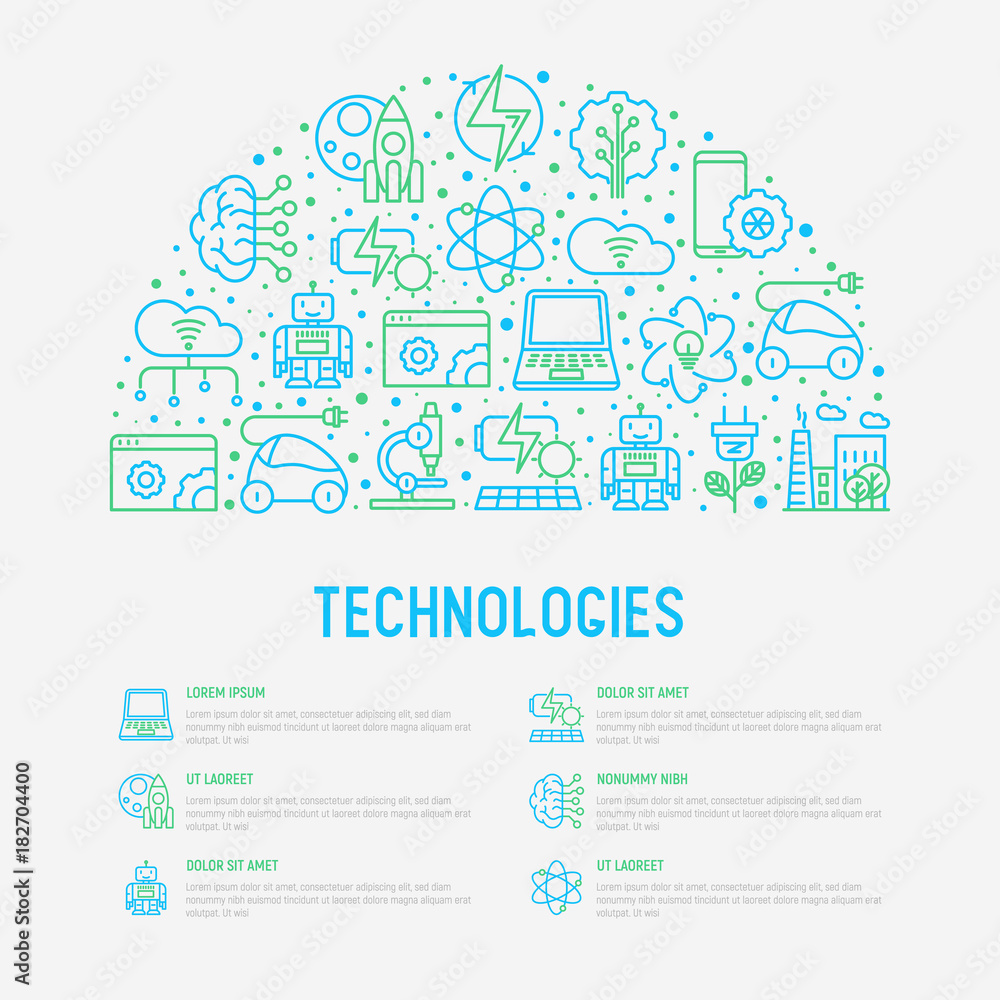 Technologies concept in half circle with thin line icons of: electric car, rocket, robotics, solar battery, machine intelligence, web development. Vector illustration for web page.
